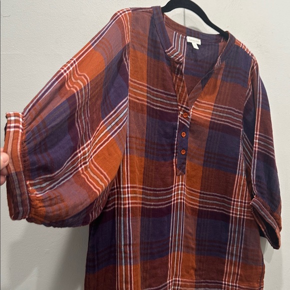Garnet Hill Warm fall Plaid 100% organic Cotton Top blouse 3/4 sleeve size 8 - Picture 3 of 8
